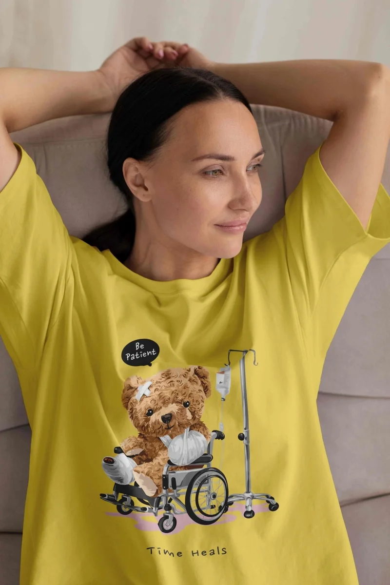 دوغ فش Teddy Jersey T-Shirt - Yellow Printed Oversize Crew Neck Short Sleeve T-Shirt