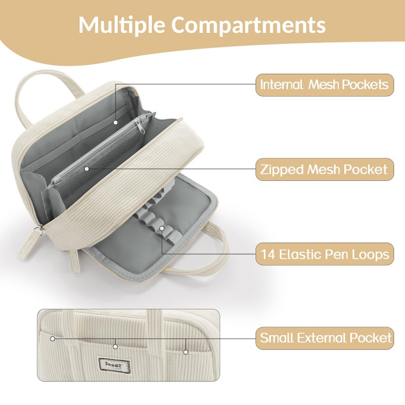 Sooez حقيبة أقلام سووز الكبيرة، حقيبة أقلام إضافية كبيرة مع 5 حجرات، حقيبة أقلام بفتحة واسعة، حقيبة تنظيم أقلام من قماش الكوردuroy الناعم مع سحاب، مستلزمات مدرسية جمالية لطيفة للفتيات المراهقات - بيج - Image 4