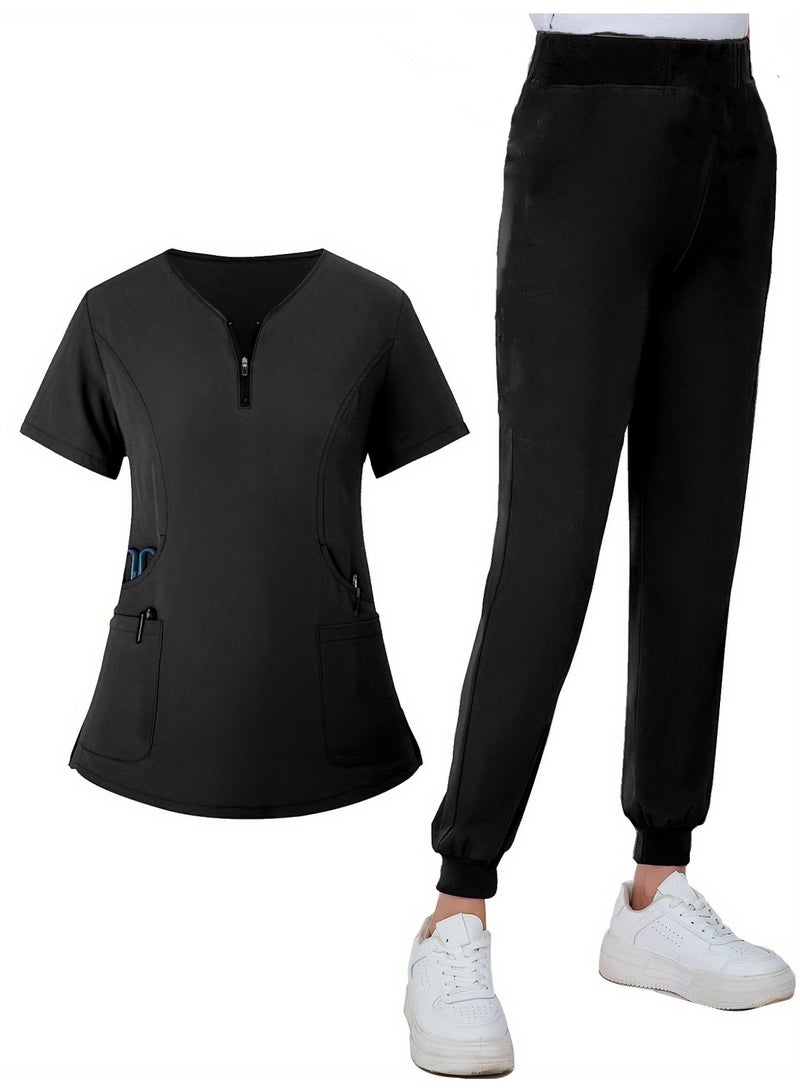 Loquat Womens Men Medical Scrubs Set Medical Uniform Set Black - Image 1