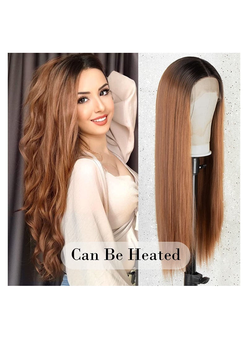 إستيل شعر مستعار أمامي دانتيل مع شعر مستعار صناعي طويل مستقيم بجذور داكنة للنساء 22 بوصة شعر مستعار بديل مع شعر أطفال بني أومبير - Image 4