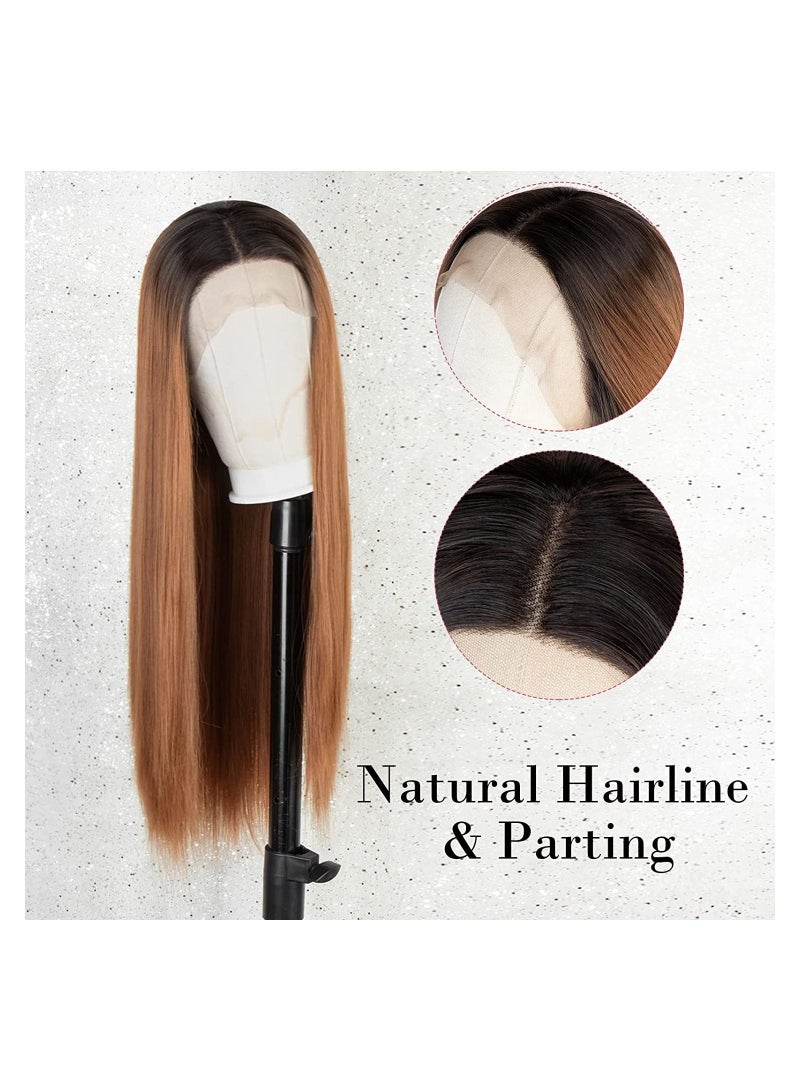 إستيل شعر مستعار أمامي دانتيل مع شعر مستعار صناعي طويل مستقيم بجذور داكنة للنساء 22 بوصة شعر مستعار بديل مع شعر أطفال بني أومبير - Image 5
