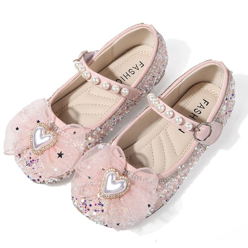 Girls Sequin Princess Shoes 2024 Spring Heart Flower Flat Pink 