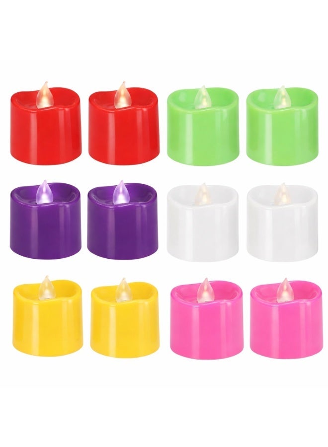 12 PCS FLAMELESS LED TEALIGHT CANDLES, BATTERY OPERATED FLICKERING TEA LIGHTS, MULTICOLOR DECORATIVE LED CANDLES FOR HOME, ANNIVERSARY, WEDDING CENTERPIECE TABLE DECOR, FUNERAL, HALLOWEEN & PARTY DCOR