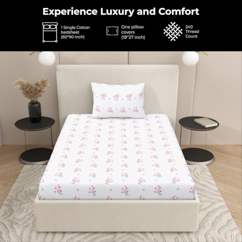Plumora Single Bed Cotton Bedsheet with 1 Pillow Cover, 100% Pure Cotton Single Bedsheet 60×90 Inches, 240 TC Soft Breathable Floral Bed Sheet – (Pastel Daisy) - Image 2