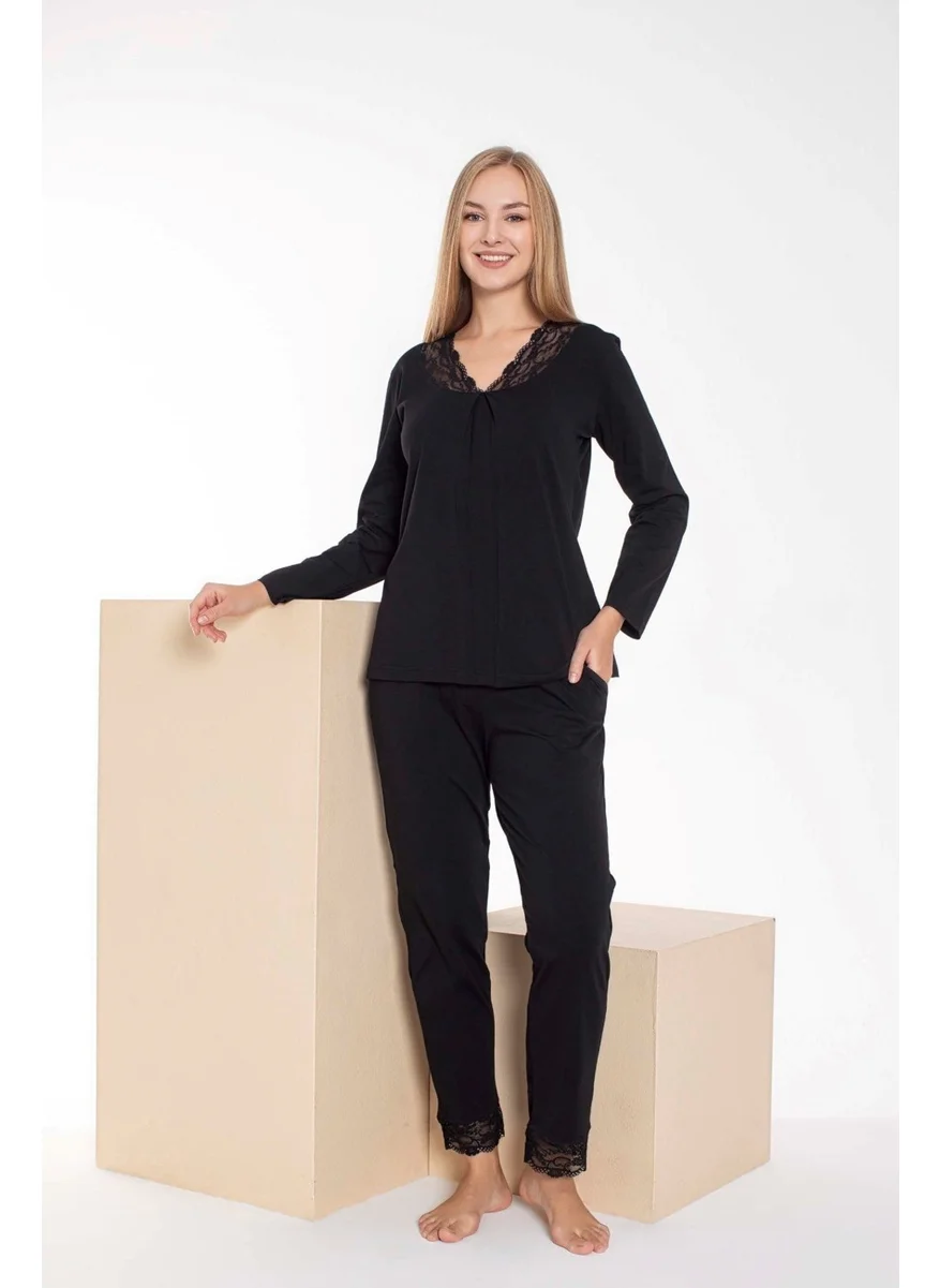 Bie'S Women's Black Lace V-Neck Buttonless Seasonal Long Sleeve Pocket Pajama Set