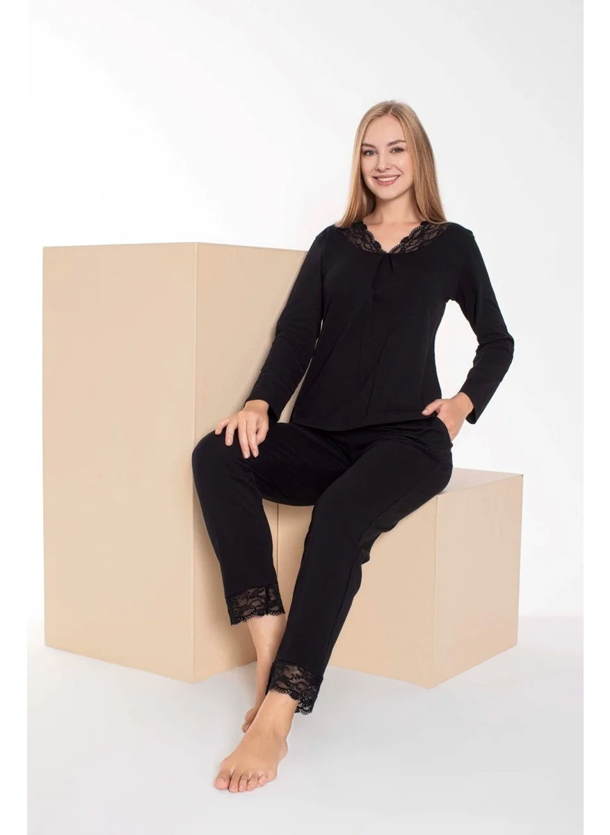 Bie'S Women's Black Lace V-Neck Buttonless Seasonal Long Sleeve Pocket Pajama Set