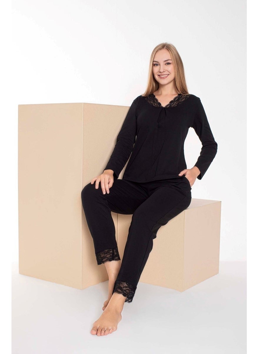 Bie's Women's Black Lace V-Neck Buttonless Seasonal Long Sleeve Pocket Pajama Set  - Image 2