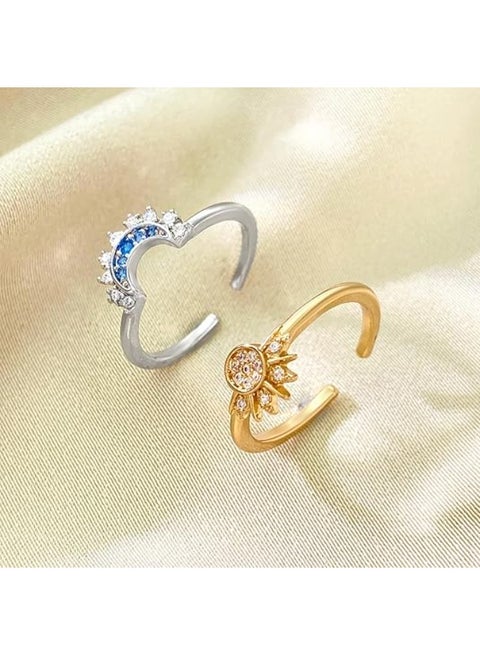 مجموعة خواتم الشمس والقمر، خواتم قابلة للتكديس للنساء والفتيات، خاتم شمس ذهبي لامع/خاتم قمر أزرق، خواتم للأزواج، خواتم متطابقة كأفضل صديق للصداقة للنساء والرجال