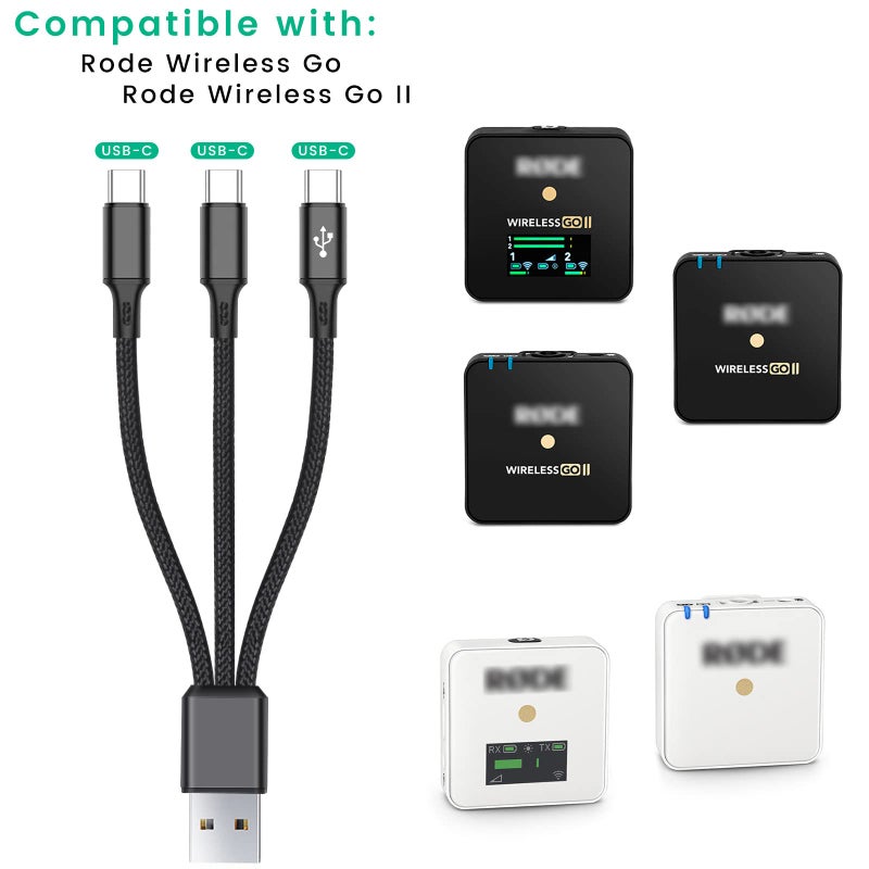weishan 3-in-1 Charging Cable Replacement for Rode Wireless Go 2 / II Microphone System, 3A USB C Short Charger Cord with 3 Type-C Plugs 8-Inch - Image 2