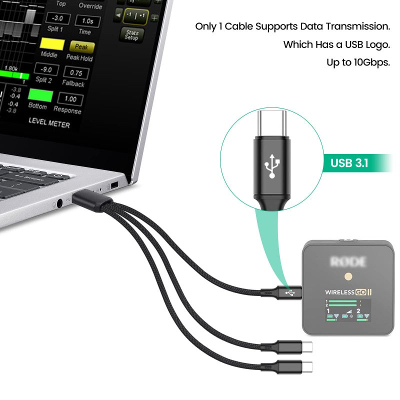 weishan 3-in-1 Charging Cable Replacement for Rode Wireless Go 2 / II Microphone System, 3A USB C Short Charger Cord with 3 Type-C Plugs 8-Inch - Image 4