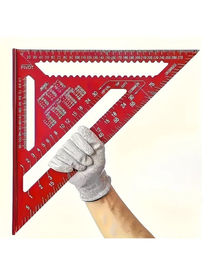 Red 12 Inch Aluminum Alloy Triangular Ruler 90 Degree Right Angle Non Slip Grip - Image 1