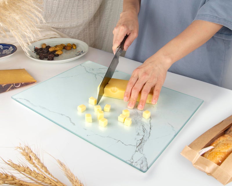 Kitchenville Glass Cutting Board 16"x12": Tempered Glass Kitchen Counter Protector - Durable- Scratch-Resistant, Heat-Proof - Design 2 - White Marble Effect - Image 5