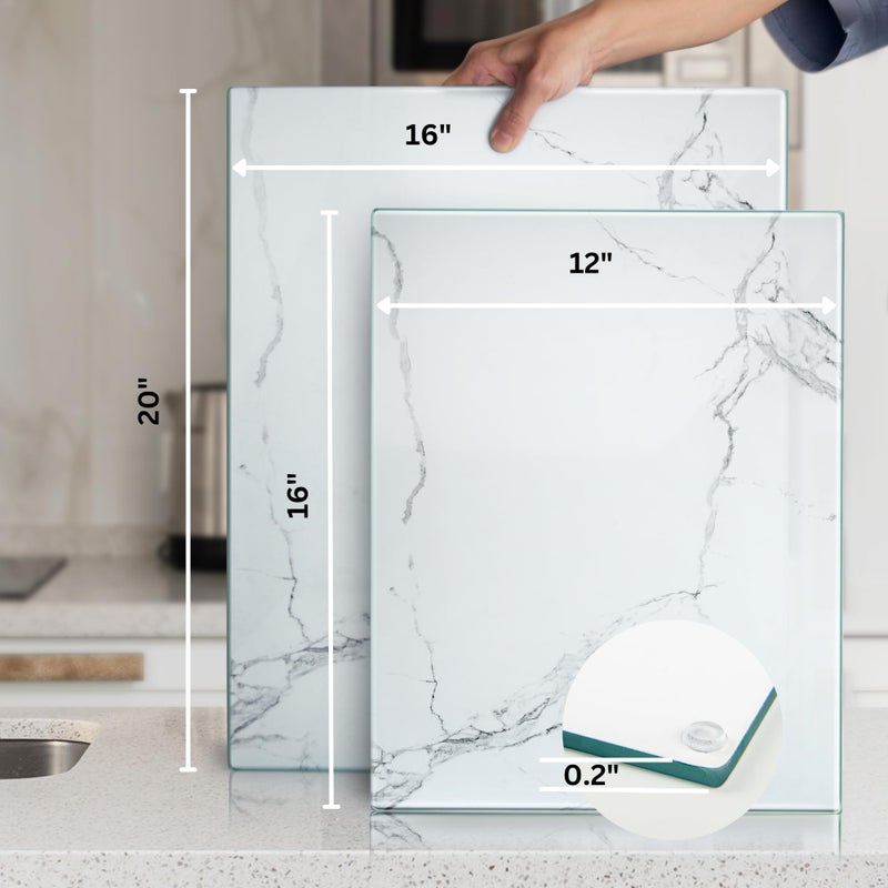 Kitchenville Glass Cutting Board 16"x12": Tempered Glass Kitchen Counter Protector - Durable- Scratch-Resistant, Heat-Proof - Design 2 - White Marble Effect - Image 4