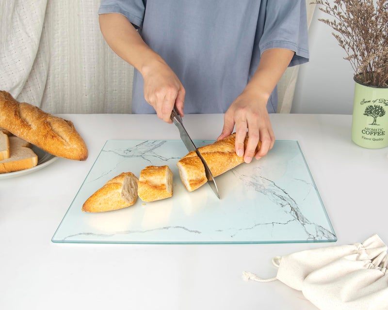 Kitchenville Glass Cutting Board 16"x12": Tempered Glass Kitchen Counter Protector - Durable- Scratch-Resistant, Heat-Proof - Design 2 - White Marble Effect - Image 3