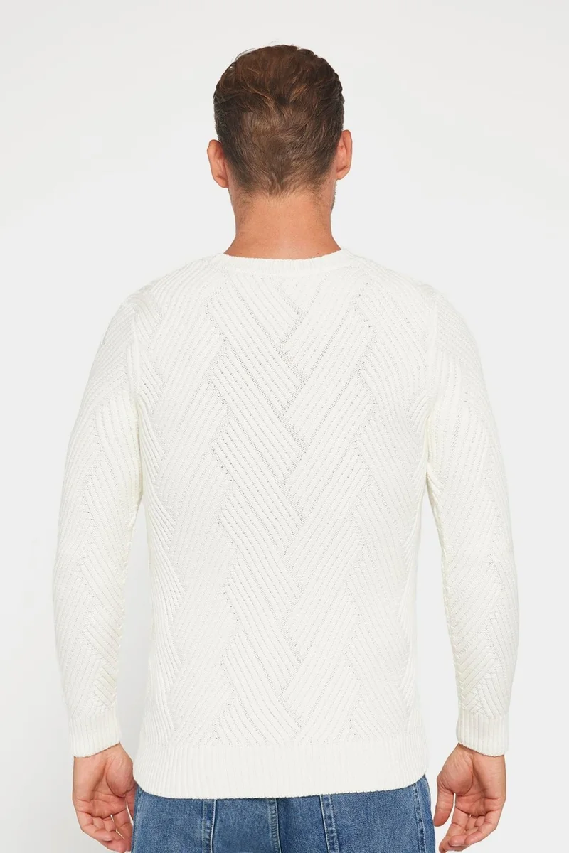 Tudors Crew Neck Patterned Soft Textured Men's White Sweater