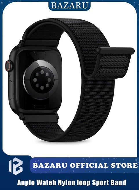 Apple Watch Band Nylon Loop Sport Strap for Ultra 2/Series 10/9/8/7/SE 42-49mm – Breathable Sweatproof Adjustable Woven Band for Men & Women, Quick-Dry Comfort for Gym & Daily Wear (Black)