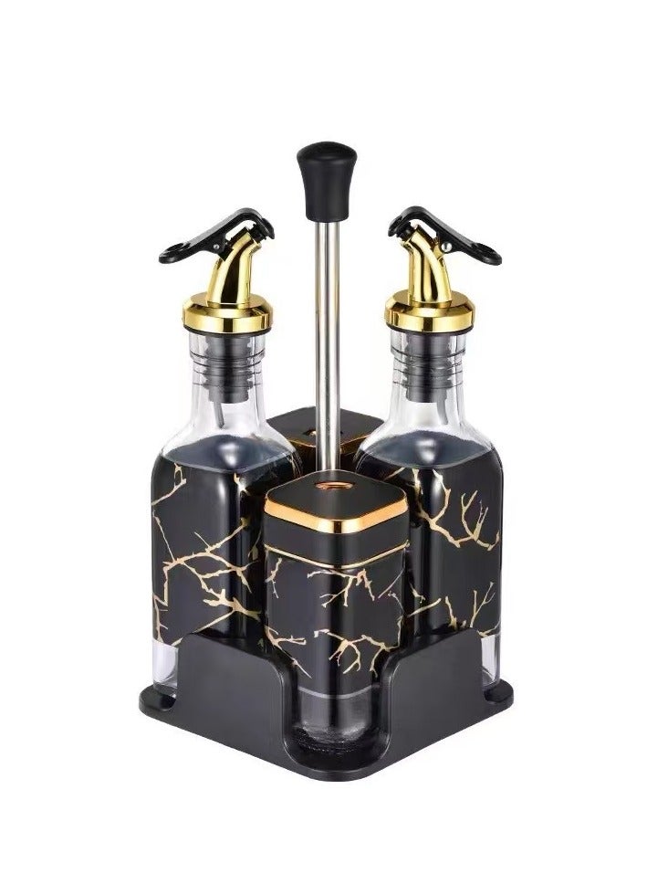 Wisalia 4-piece set of glass spice jars with leather lid and rotating base, along with a 20cm press type olive oil bottle, oil pot, and olive oil distributor combination set - Image 3