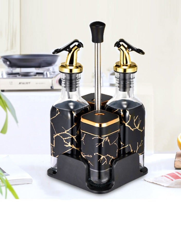 Wisalia 4-piece set of glass spice jars with leather lid and rotating base, along with a 20cm press type olive oil bottle, oil pot, and olive oil distributor combination set - Image 2