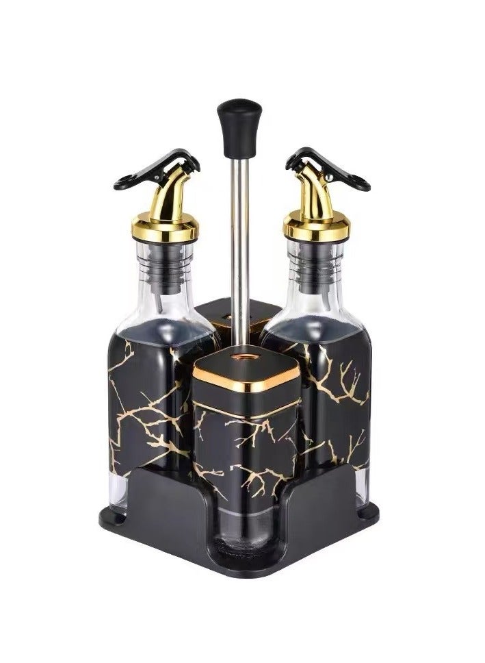 Wisalia 4-piece set of glass spice jars with leather lid and rotating base, along with a 20cm press type olive oil bottle, oil pot, and olive oil distributor combination set - Image 1