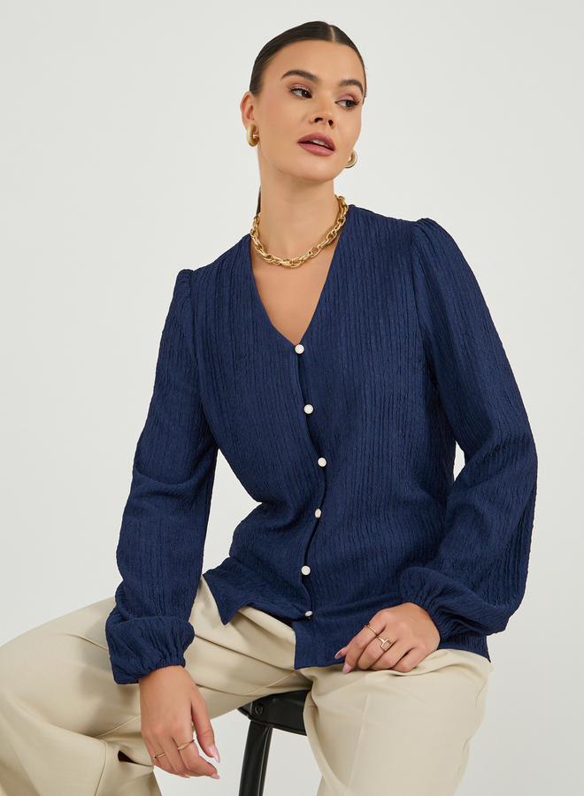 ستايلي بلوزة بأكمام بالون وياقة على شكل حرف - Image 1