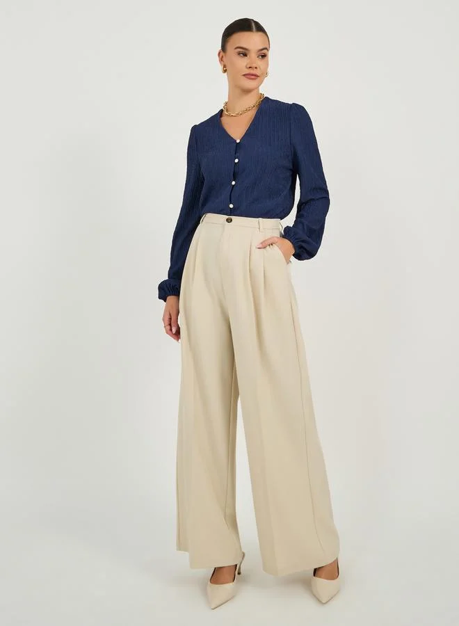 Styli Textured Balloon Sleeve V Neck Blouse