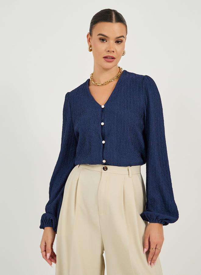 ستايلي بلوزة بأكمام بالون وياقة على شكل حرف - Image 2