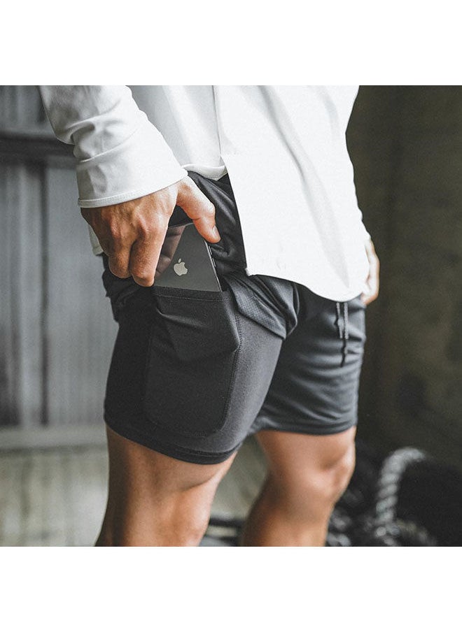 NIBEMINENT Men's Casual Beach Shorts Solid Double Layer Running Mesh Sports Drawstring Lace up Fitness  - Image 2