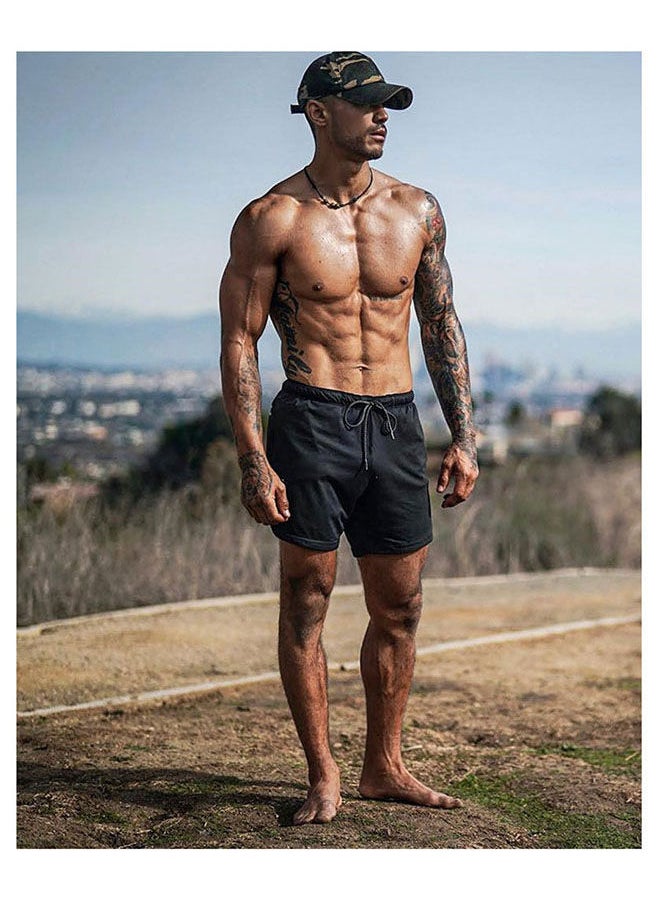 NIBEMINENT Men's Casual Beach Shorts Solid Double Layer Running Mesh Sports Drawstring Lace up Fitness  - Image 5