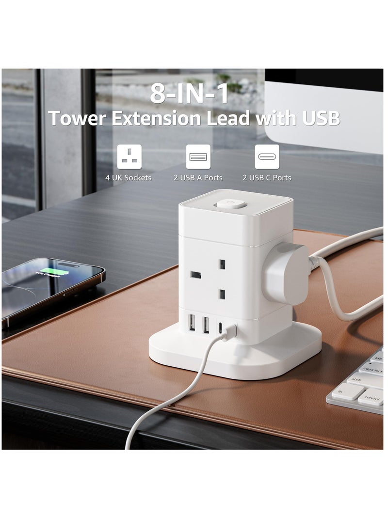 Excefore - Cube Extension Lead with USB Slots, 4 Way Multi Plug Extension Socket with 2 USB C and 2 USB A, 13A 3250W Power Strip with Switch 1.5M Extension Cords for Desk Home Office Travel - Image 1