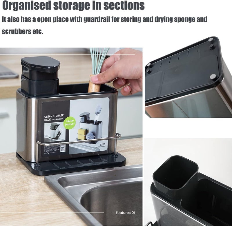 Parssufy Stainless Steel and Plastic 3in1 Sponge Soap Dispenser for Kitchen Sink Caddy Kitchen Sink Organizer Tray Drainer Rack Rustproof Dish Soap Dispenser Brush Holder Countertop - Image 5