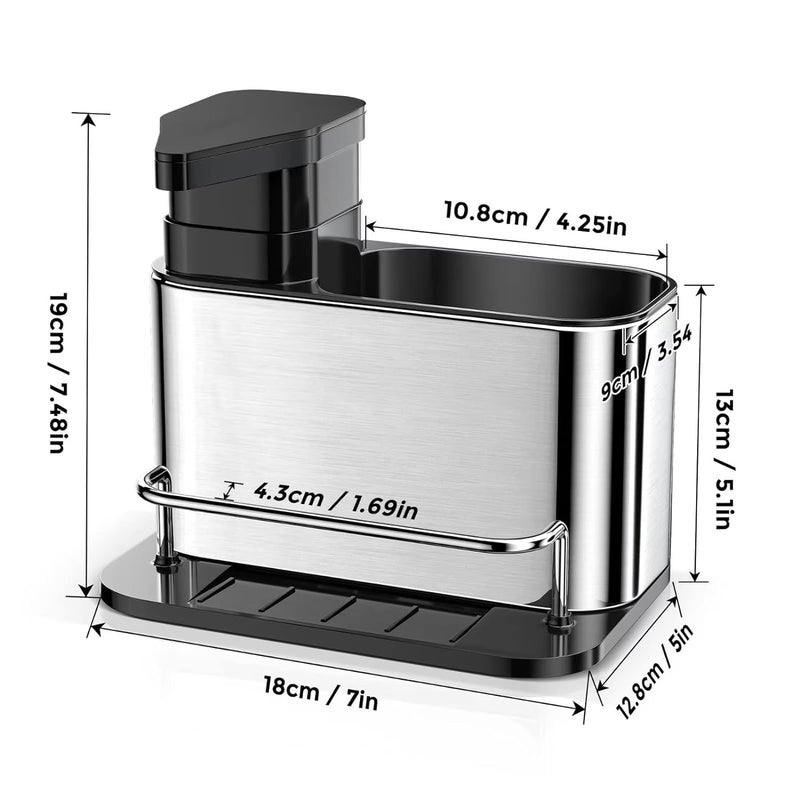 Parssufy Stainless Steel and Plastic 3in1 Sponge Soap Dispenser for Kitchen Sink Caddy Kitchen Sink Organizer Tray Drainer Rack Rustproof Dish Soap Dispenser Brush Holder Countertop - Image 4