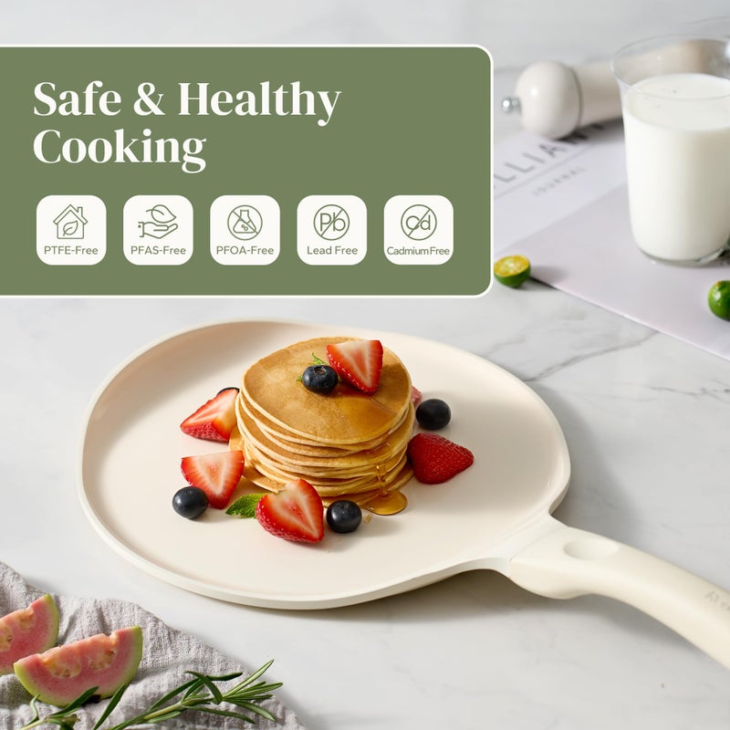 Redchef Crepe Pan Nonstick, 10 Inch Ceramic Flat Skillet Pan for Roti Dosa Tawa Comal Para Tortillas Pancake Pan for Stove Top, Induction Compatible, PFAS/PFOA/PTFE Free(Beige White) - Image 3