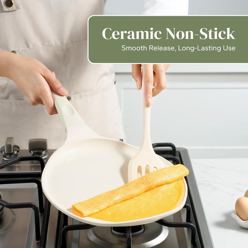 Redchef Crepe Pan Nonstick, 10 Inch Ceramic Flat Skillet Pan for Roti Dosa Tawa Comal Para Tortillas Pancake Pan for Stove Top, Induction Compatible, PFAS/PFOA/PTFE Free(Beige White) - Image 2