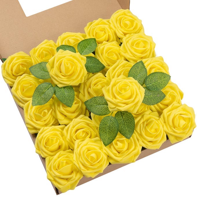 25PCS ARTIFICIAL ROSES FLOWERS FAKE ROSES WITH STEMS REAL TOUCH FOAM FLOWERS FOR DIY WEDDING BOUQUET BABY SHOWER CENTERPIECE FLORAL ARRANGEMENT PARTY HOME DECORYELLOW