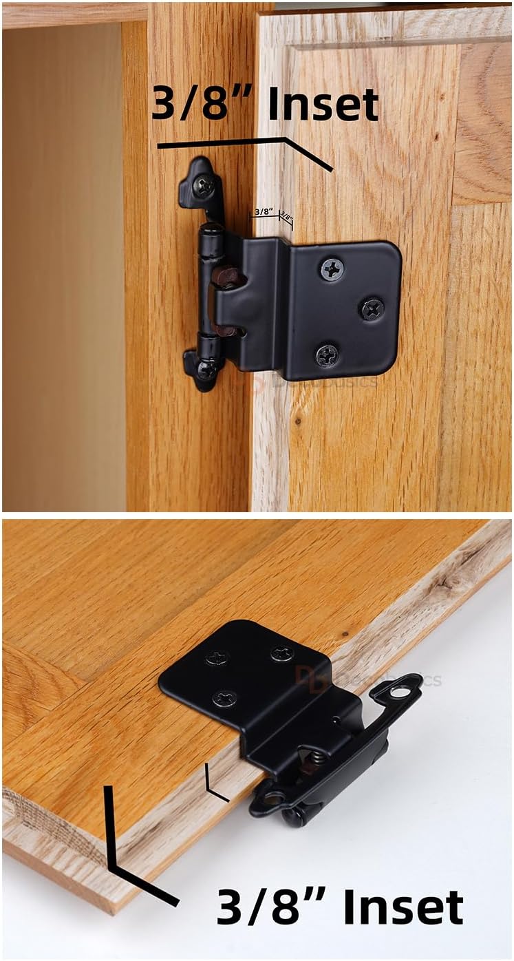 DecoBasics 3/8" Inset Cabinet Hinges Black (25 Pair -50 Pcs) Offset Self Closing Matte Black Cabinet Hinges for Kitchen Cabinets w/Bumpers & Upgraded Screws - Image 2