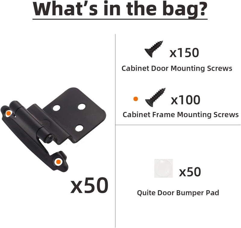 DecoBasics 3/8" Inset Cabinet Hinges Black (25 Pair -50 Pcs) Offset Self Closing Matte Black Cabinet Hinges for Kitchen Cabinets w/Bumpers & Upgraded Screws - Image 5