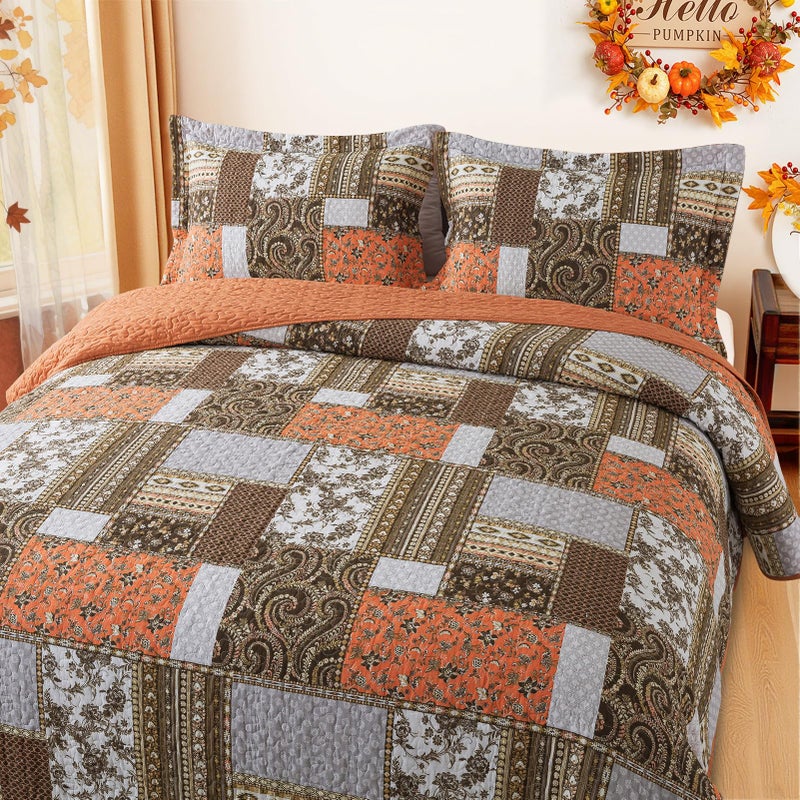 BEDIFANY Cotton California King Size Quilt for Farmhouse- Fall Patchwork Bedspread Set - Highly-Woven Soft Reversible Oversized King Size Coverlet for All Seasons (Floral Orange) 3 Pieces - Image 3