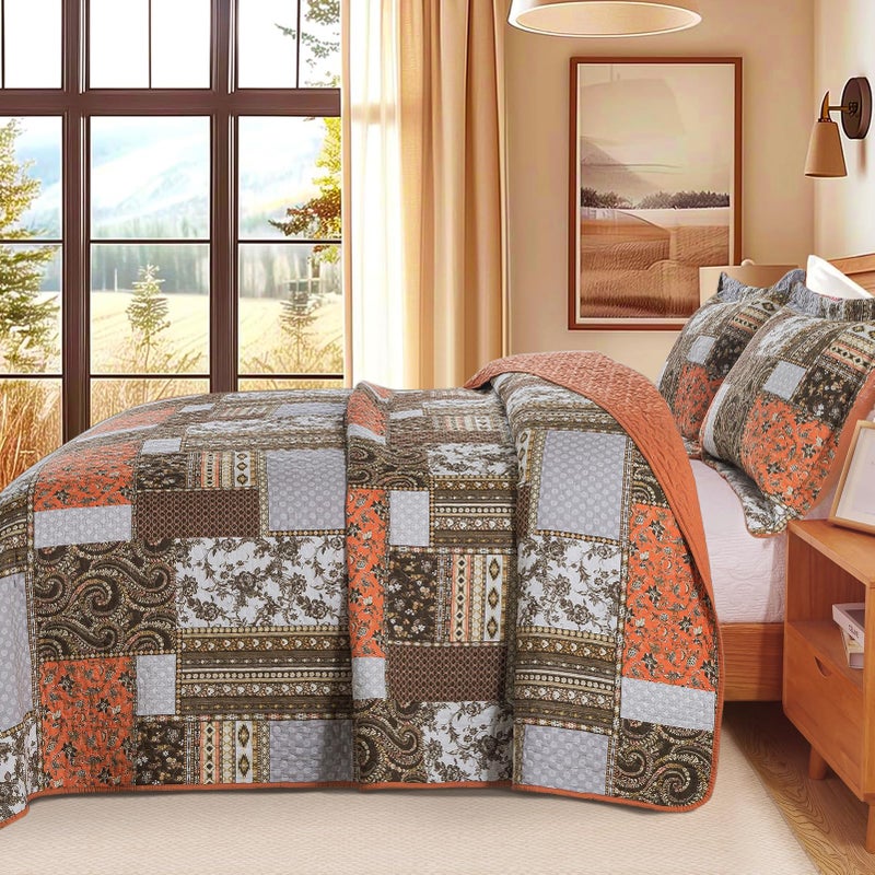 BEDIFANY Cotton California King Size Quilt for Farmhouse- Fall Patchwork Bedspread Set - Highly-Woven Soft Reversible Oversized King Size Coverlet for All Seasons (Floral Orange) 3 Pieces - Image 2