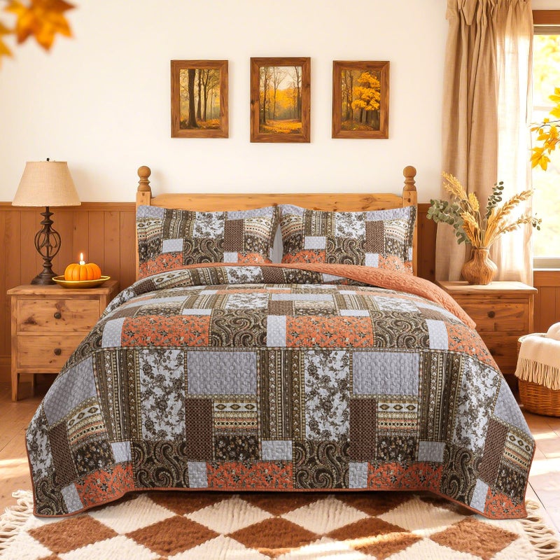 BEDIFANY Cotton California King Size Quilt for Farmhouse- Fall Patchwork Bedspread Set - Highly-Woven Soft Reversible Oversized King Size Coverlet for All Seasons (Floral Orange) 3 Pieces - Image 1