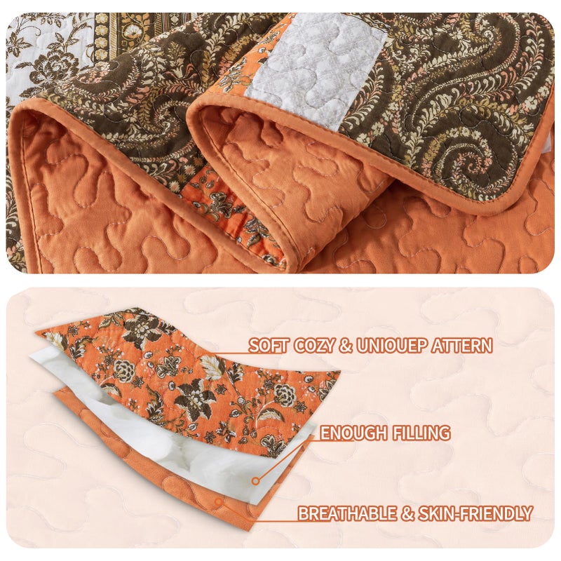 BEDIFANY Cotton California King Size Quilt for Farmhouse- Fall Patchwork Bedspread Set - Highly-Woven Soft Reversible Oversized King Size Coverlet for All Seasons (Floral Orange) 3 Pieces - Image 4