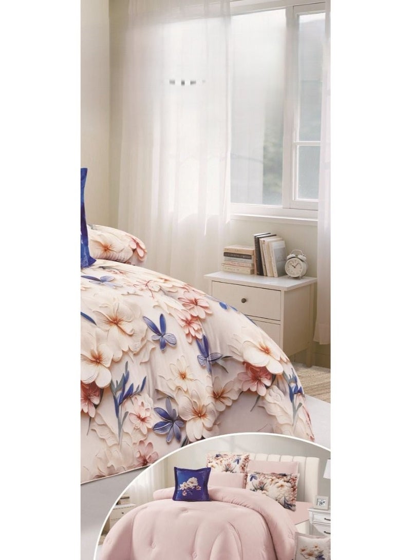 Hourse Double bed sheet set with a 3D floral summer design, offering comfort and the beauty of nature. Includes: 1 duvet (240*260cm), 1 fitted sheet (200*200+30cm), 4 pillowcases (50*75cm), and 2 cushions (45*45cm). - Image 4