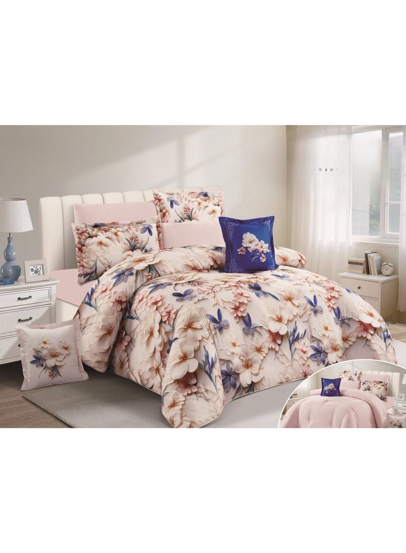 Hourse Double bed sheet set with a 3D floral summer design, offering comfort and the beauty of nature. Includes: 1 duvet (240*260cm), 1 fitted sheet (200*200+30cm), 4 pillowcases (50*75cm), and 2 cushions (45*45cm). - Image 1