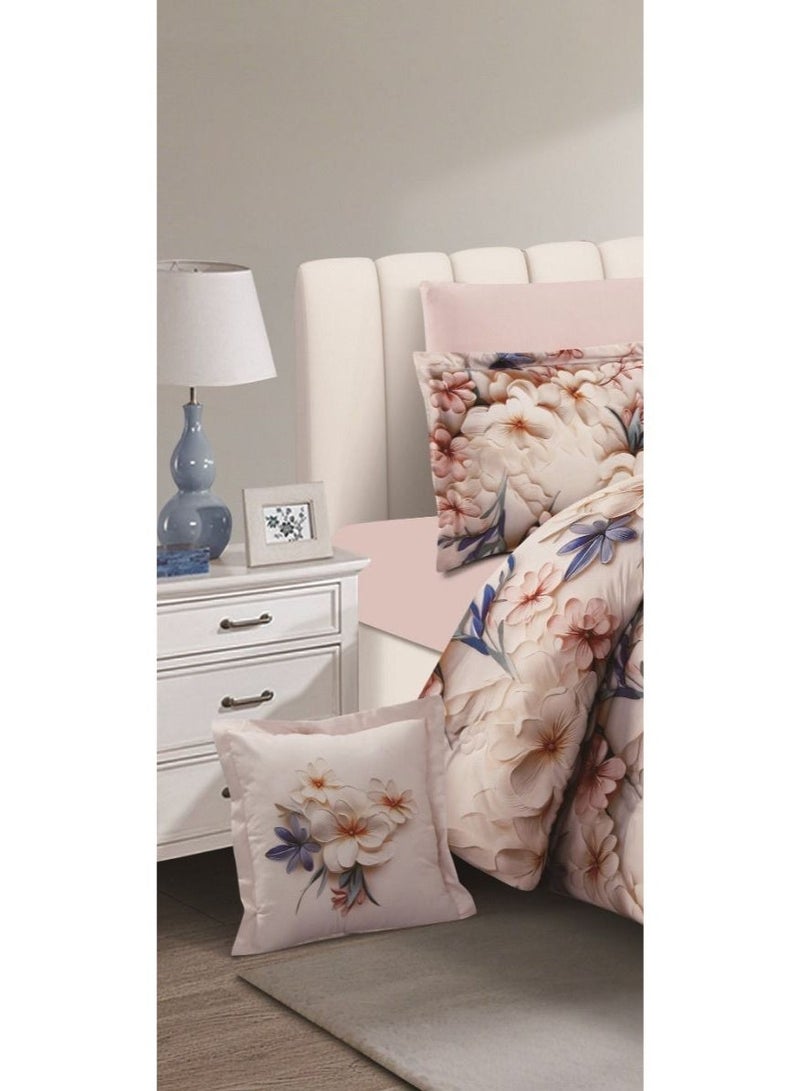 Hourse Double bed sheet set with a 3D floral summer design, offering comfort and the beauty of nature. Includes: 1 duvet (240*260cm), 1 fitted sheet (200*200+30cm), 4 pillowcases (50*75cm), and 2 cushions (45*45cm). - Image 2