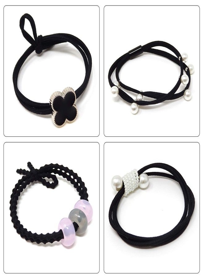 Honbay Fashion Hair Accessories 12PCS Korean Cute Elastic Hair Ties Pearl Hair Bands Bowknot Hair Ropes Ponytail Holders (Black) - Image 4