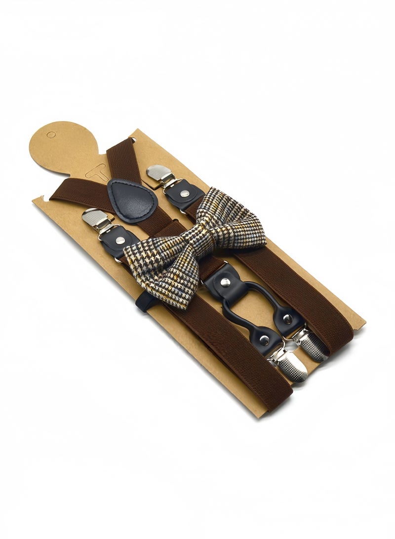 حِرَاس مجموعة أحزمة وربطة عنق على شكل فيونكة للرجال، أحزمة بنطلون بدلة مطاطية مطاطية، مشابك بنطلون، دعامات على شكل حرف Y، حمالات غير قابلة للانزلاق، حمالات قابلة للتثبيت للرجال، هدية للرجال (بني)
