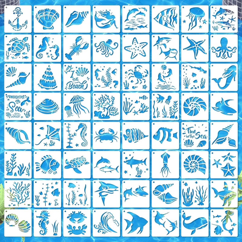 64 Pieces Stencils for Painting Small Reusable Sea Life Mermaid Stencil Art Craft Template for Painting on Wood Wall Fabric Rock Chalkboard Sign DIY Art Scrapbook ProjectsOcean