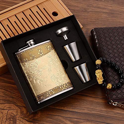 IVYRISE Golden pattern 8 Oz Gift 100% Stainless Steel(304/18-8 SS).Bonus 2 Shot Glass+1Funnel+1Giftbox.Flask Leak Proof Tested.Flask for Liquor/Alcohol.Flask for Men/Women - Image 2