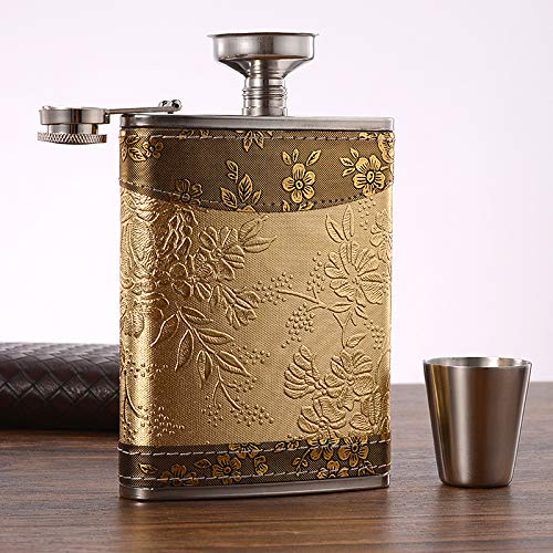 IVYRISE Golden pattern 8 Oz Gift 100% Stainless Steel(304/18-8 SS).Bonus 2 Shot Glass+1Funnel+1Giftbox.Flask Leak Proof Tested.Flask for Liquor/Alcohol.Flask for Men/Women - Image 1