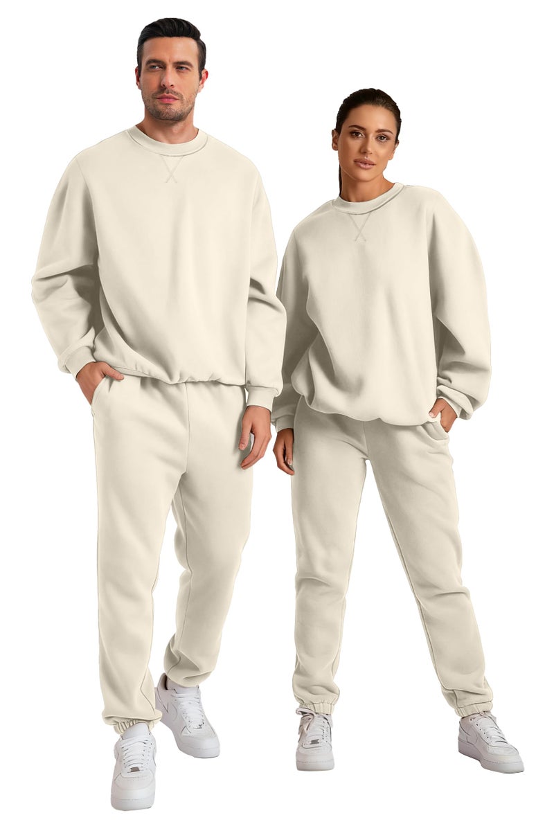 JMIERR 2 Piece Comfiest Airport Outfits Long Sleeve Crew Neck Essentials Pants Sweatshirt Joggers Sweatpants Track Suits Set Fall Casual Tracksuit Sweatsuits Couple Matching Sets, L, Beige - Image 2