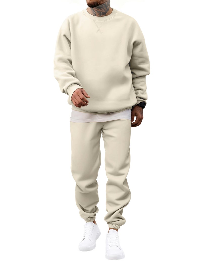 JMIERR 2 Piece Comfiest Airport Outfits Long Sleeve Crew Neck Essentials Pants Sweatshirt Joggers Sweatpants Track Suits Set Fall Casual Tracksuit Sweatsuits Couple Matching Sets, L, Beige - Image 1
